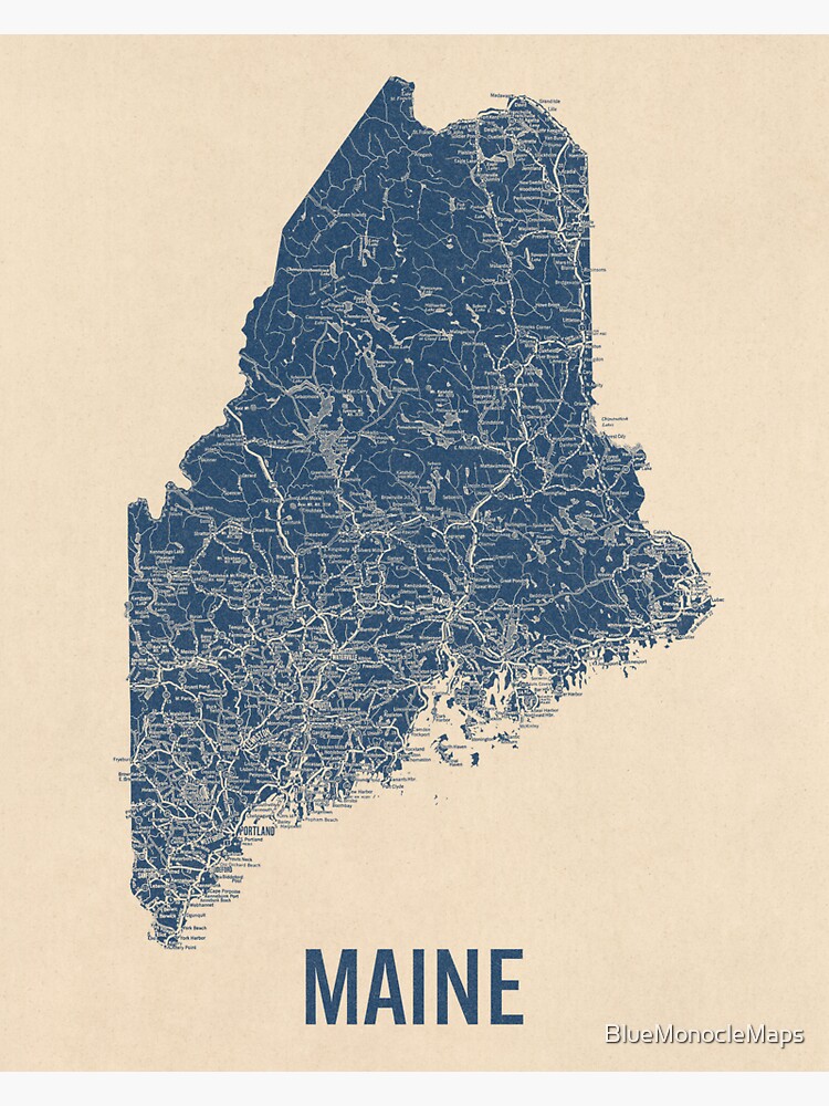 Vintage Maine Road Map Blue On Beige Sticker For Sale By Bluemonoclemaps Redbubble