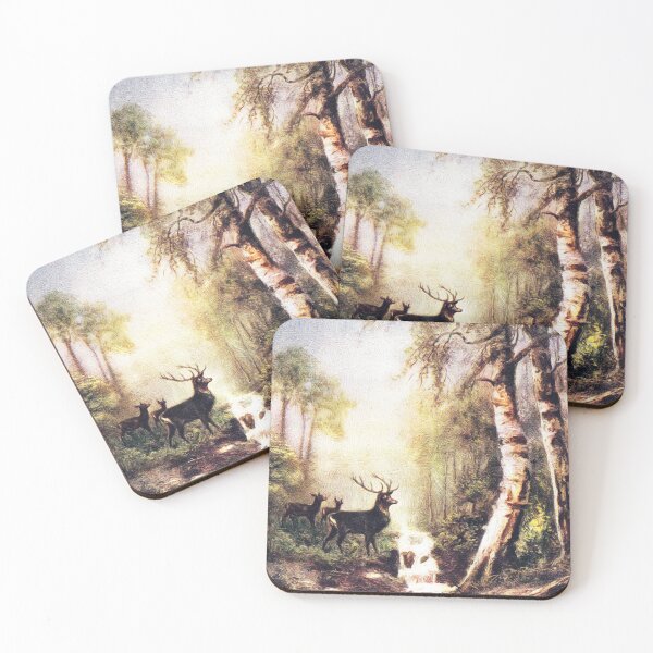Item preview, Vintage Postcard Deer in Forest Oil painting Print Poster Waterfall Landscape designed and sold by darcijj.