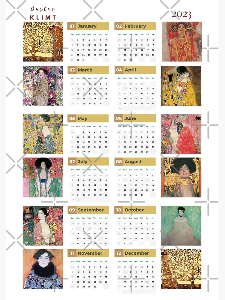 "One Page Wall Calendar 2023 , Klimt calendar 2023 , Calendar printable