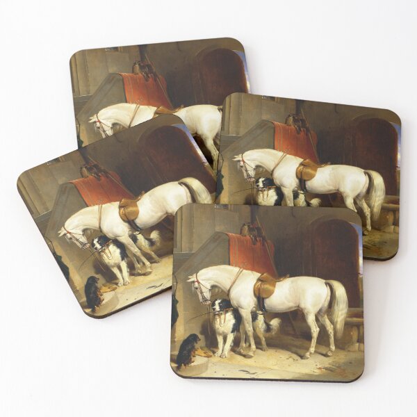 Item preview, WHITE HORSE WITH DOGS AND FALCONS IN STABLE designed and sold by BulganLumini.
