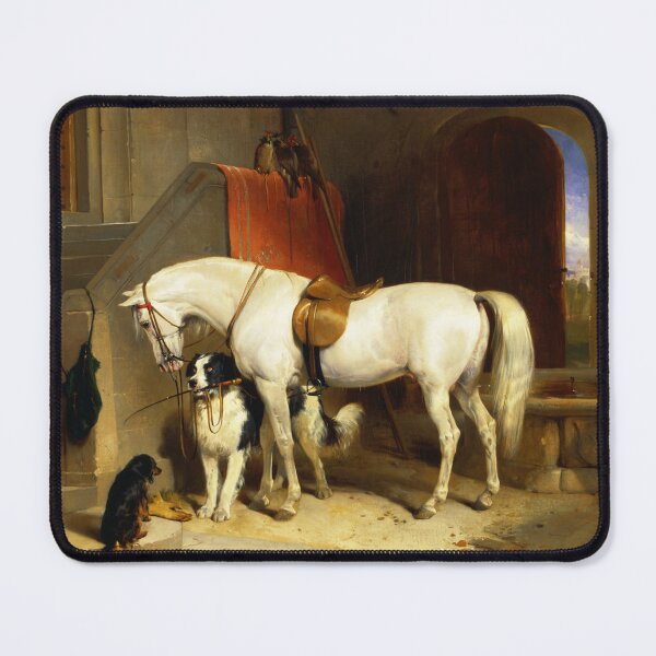Item preview, WHITE HORSE WITH DOGS AND FALCONS IN STABLE designed and sold by BulganLumini.