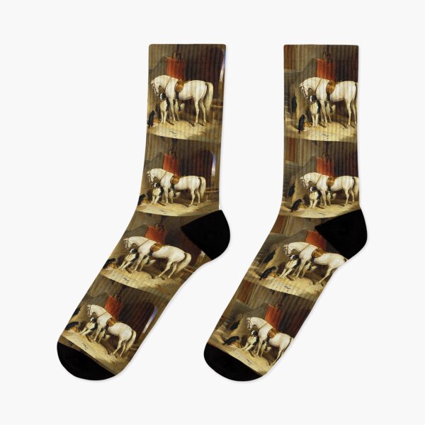 Item preview, WHITE HORSE WITH DOGS AND FALCONS IN STABLE designed and sold by BulganLumini.