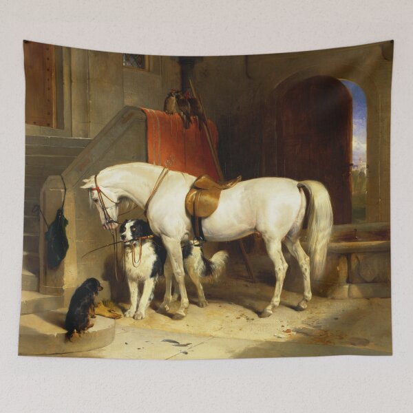 Item preview, WHITE HORSE WITH DOGS AND FALCONS IN STABLE designed and sold by BulganLumini.