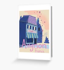 Avignon, Provence, France cafe vintage cartoon and fountain travel poster. Greeting Card