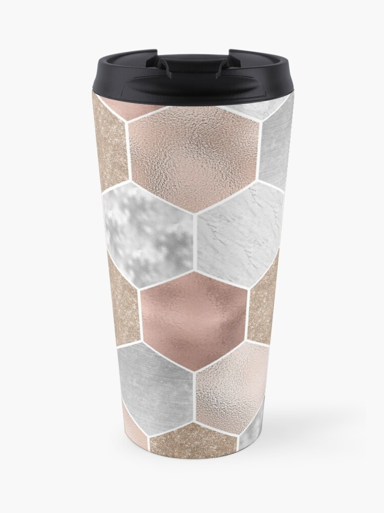 gentle rose gold and marble hexagons p=travel mug