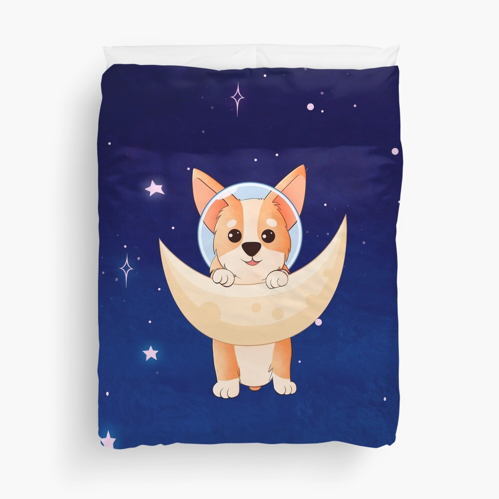 Corgi holding on to the moon Duvet Cover