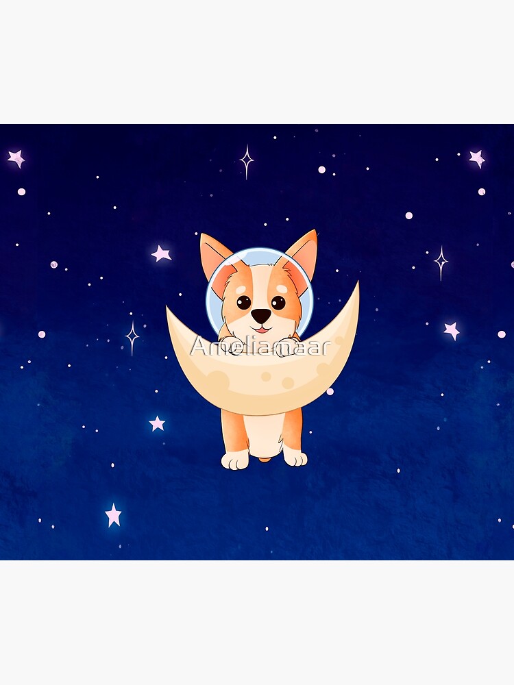 Corgi holding on to the moon by Ameliamaar