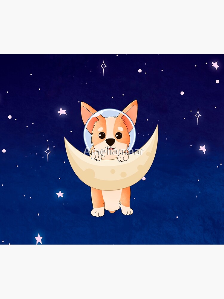 Corgi holding on to the moon by Ameliamaar