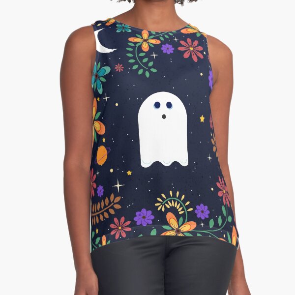 Spoopy Cute Ghost. Halloween Decor. Cute Ghost Dia De Los Muertos. Orange All Hallows Eve Floral Illustration. Sleeveless Top