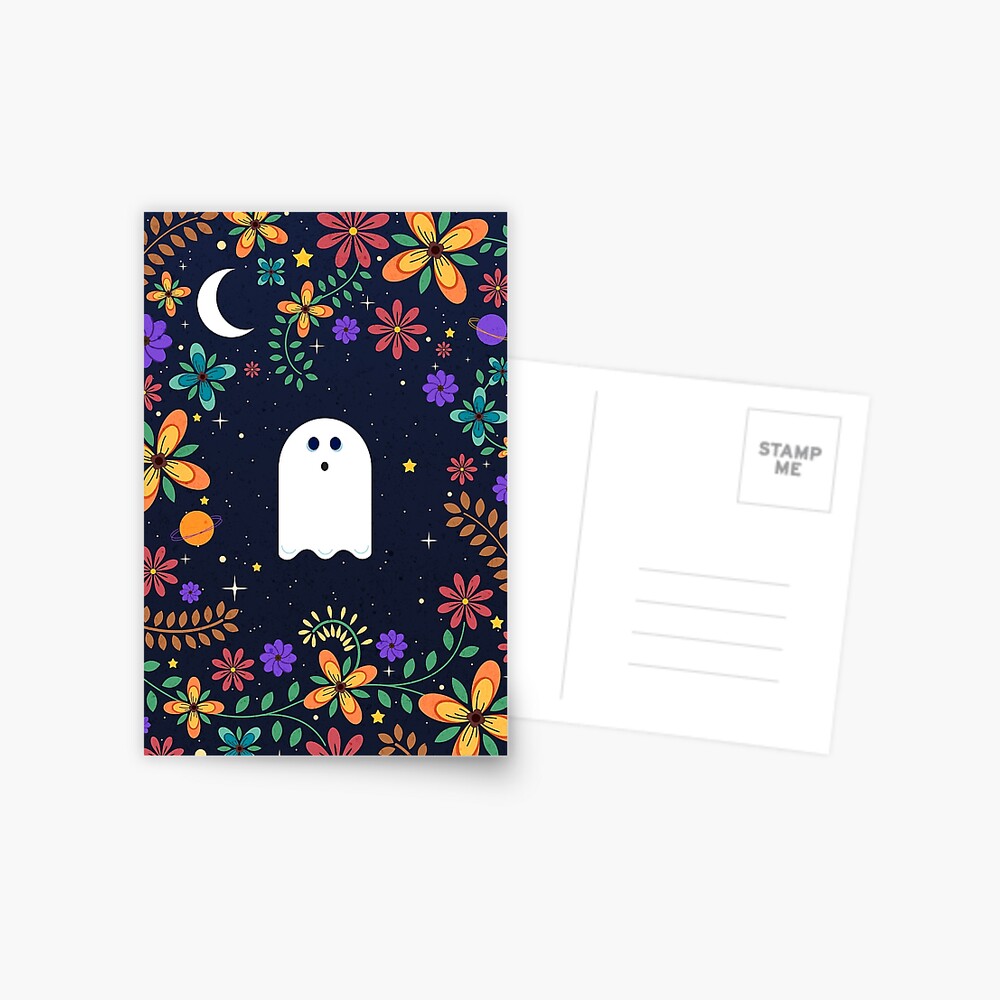 Spoopy Cute Ghost. Halloween Decor. Cute Ghost Dia De Los Muertos. Orange All Hallows Eve Floral Illustration. Postcard