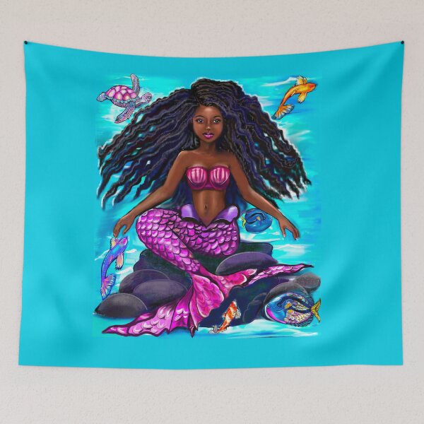 Item preview, Black mermaid with flowing locks , brown eyes Afro hair and caramel brown skin designed and sold by Artonmytee.