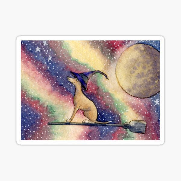 Vista previa del artículo con la obra «Perro bruja galgo whippet volando su escoba en la noche de Halloween», diseñado y vendido por SusanAlisonArt.