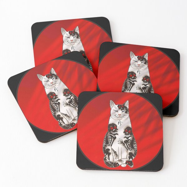 Item preview, Tattooed Cat Tattoo Print - digitally enhanced remix on red background with palm leaf shadow designed and sold by Corinne Alexa Jackson.