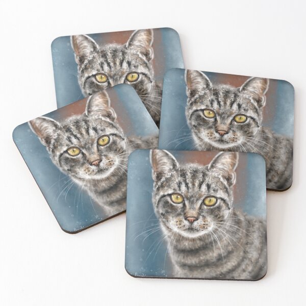Item preview, Contemporary Painting of a Gray Cat with Black Stripes and Yellow Eyes  designed and sold by ibadishi.