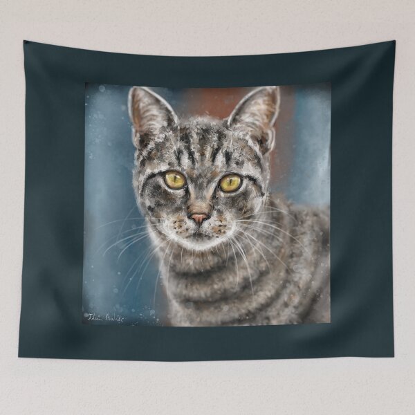 Item preview, Contemporary Painting of a Gray Cat with Black Stripes and Yellow Eyes  designed and sold by ibadishi.
