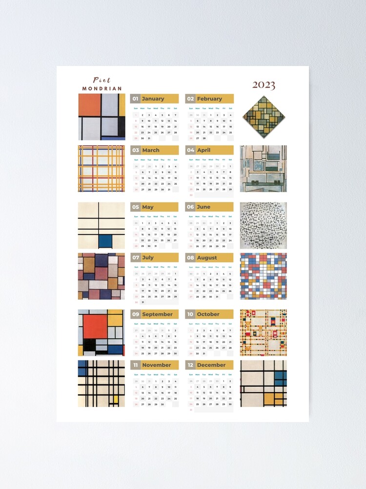 Mondrian calendar 2023, 2023 printable calendar one page