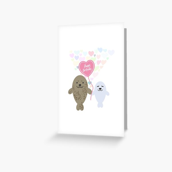 Happy birthday Card cute kawaii gray fur seals with balloon in the shape of heart, pastel colors on white background Greeting Card