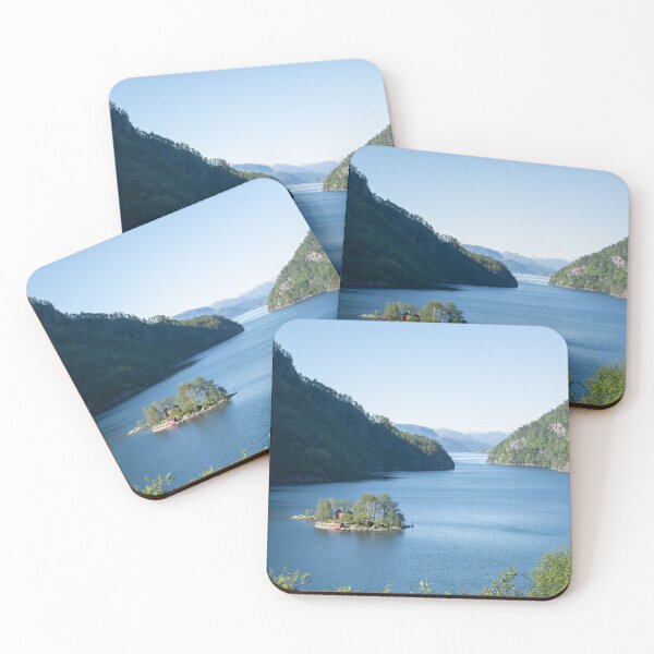 Item preview, Wonderful landscapes in Norway. Beautiful scenery of a island with a red house on the Lovrafjorden fjord. Mountains with snow in background. Sunny day designed and sold by Maurizio Fabbroni.