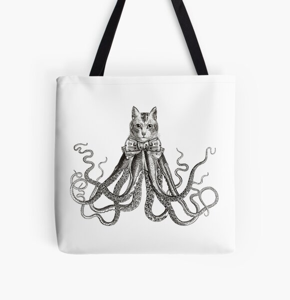 Octopussy | Half Cat Half Octopus | Hybrid Animals | Vintage Style | Black and White |  All Over Print Tote Bag