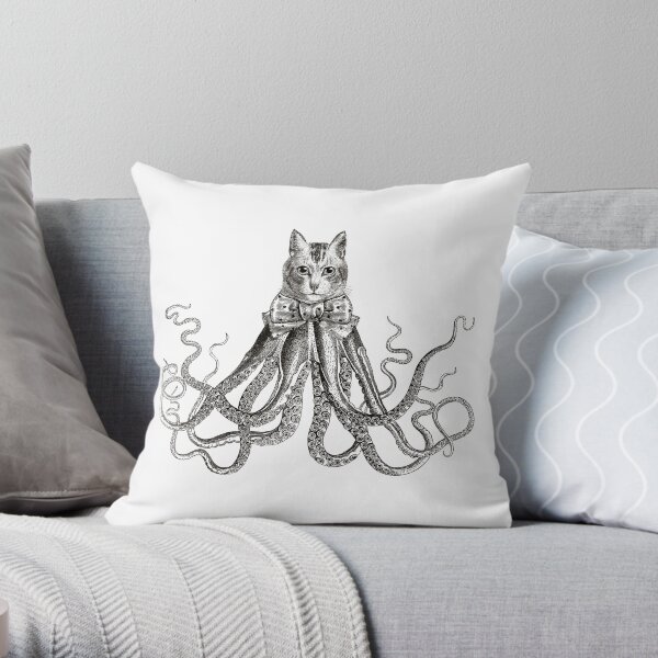 Octopussy | Half Cat Half Octopus | Hybrid Animals | Vintage Style | Black and White | Throw Pillow