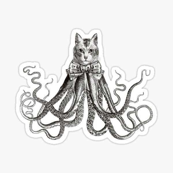 Octopussy | Half Cat Half Octopus | Hybrid Animals | Vintage Style | Black and White | Sticker