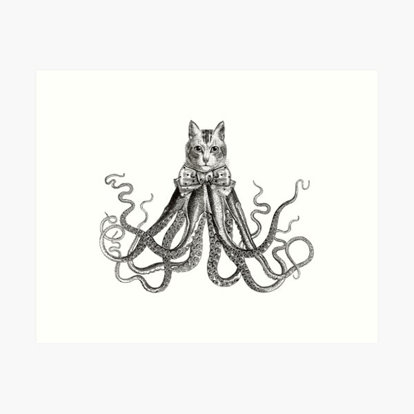 Octopussy | Half Cat Half Octopus | Hybrid Animals | Vintage Style | Black and White | Art Print