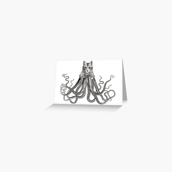 Octopussy | Half Cat Half Octopus | Hybrid Animals | Vintage Style | Black and White | Greeting Card