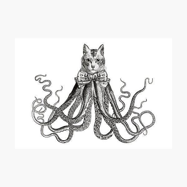 Octopussy | Half Cat Half Octopus | Hybrid Animals | Vintage Style | Black and White |  Photographic Print
