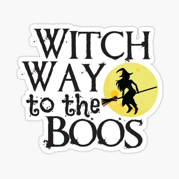 "Witch Way To The Boos Broomstick Broom Rider Mini Full Moon Vintage Text" Sticker for Sale by