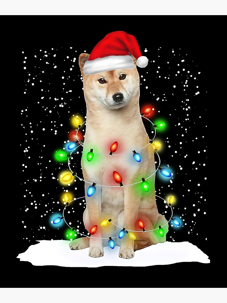 Old English Sheepdog Christmas Santa Hat Xmas Color Lights Poster