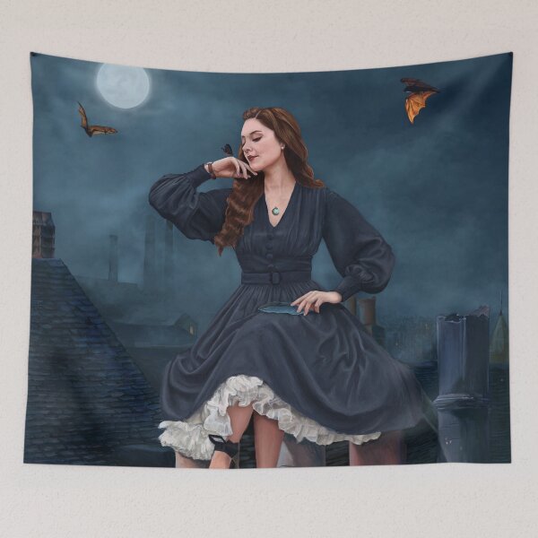 Item preview, While They Sleep - Digital Painting of a Young Witch Sitting on Chimney Tops at Night Time designed and sold by EmilyDewsnap.