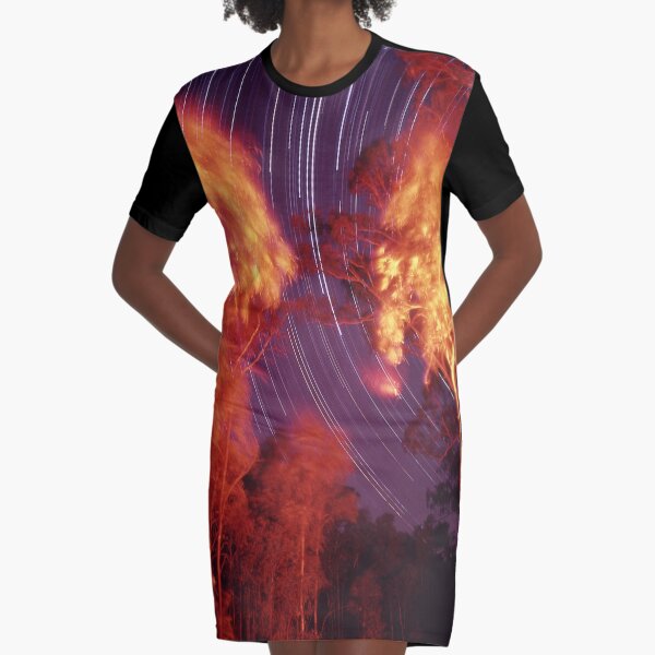 Star trails with 'flaming' trees Graphic T-Shirt Dress