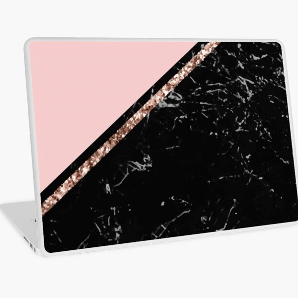 Half Pink Half Black Marble With Gold Glitter Line Laptop Skin