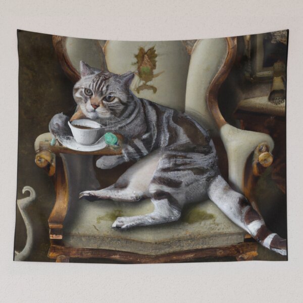 Artikelvorschau, Maurice, der Kater, Tee im bequemen Sessel (Renaissance) entworfen und verkauft von thecatandkettle.
