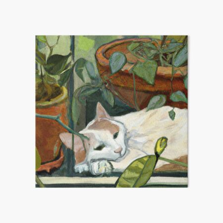 Aperçu de l'œuvre Molly la chatte, allongée parmi les plantes (Impressionnisme) créée et vendue par thecatandkettle.