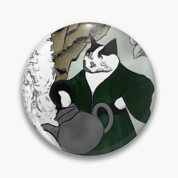 Item preview, Kēki the Cat, Holding a teapot by a waterfall (Sumi-e) designed and sold by thecatandkettle.