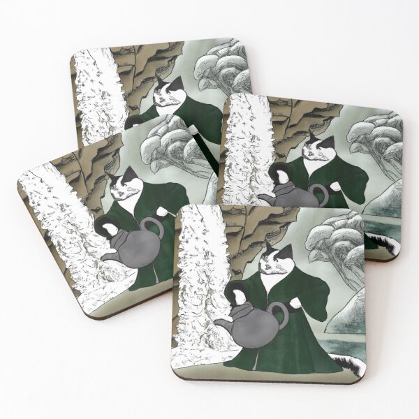 Item preview, Kēki the Cat, Holding a teapot by a waterfall (Sumi-e) designed and sold by thecatandkettle.