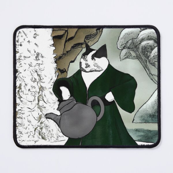 Item preview, Kēki the Cat, Holding a teapot by a waterfall (Sumi-e) designed and sold by thecatandkettle.