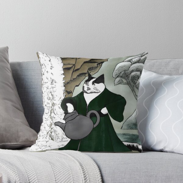 Item preview, Kēki the Cat, Holding a teapot by a waterfall (Sumi-e) designed and sold by thecatandkettle.