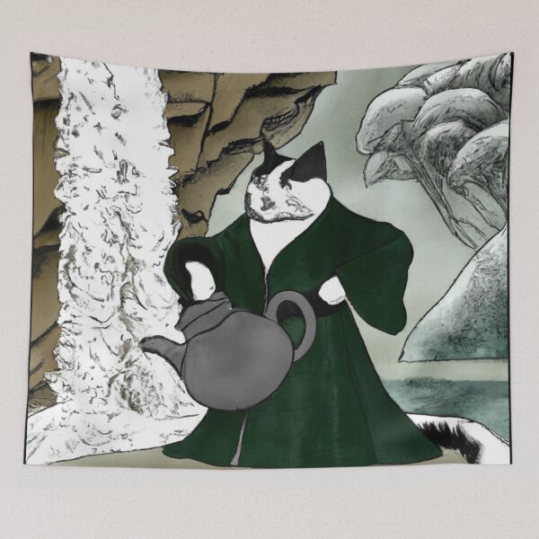 Item preview, Kēki the Cat, Holding a teapot by a waterfall (Sumi-e) designed and sold by thecatandkettle.