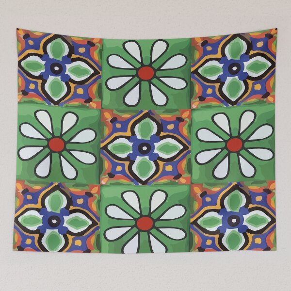 Item preview, Green flower authentic mexican talavera tile geometric pattern majolica boho chic interior design designed and sold by T-Mex.
