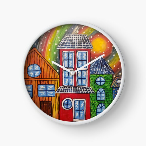 Hand Painted Colorful Snowy Rainbow City with Different Size Buildings Clock