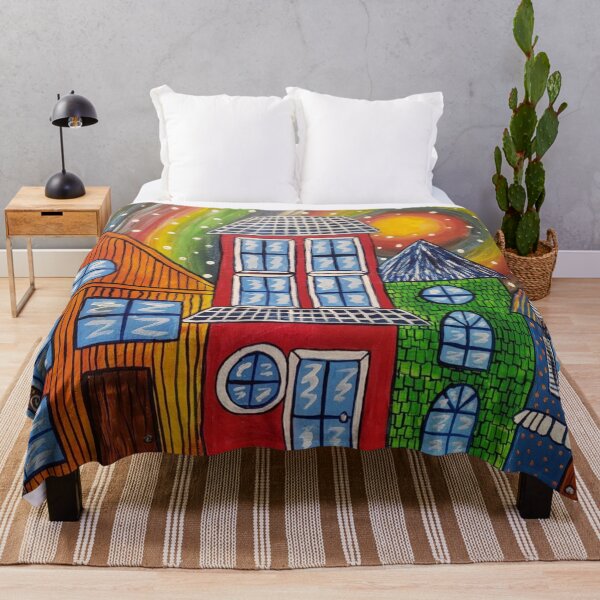 Item preview, Hand Painted Colorful Snowy Rainbow City with Different Size Buildings designed and sold by JemLilyFineArt.
