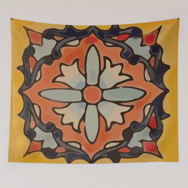 Artikelvorschau, Ockerfarbene Blume Retro mexikanisches Fliesenmosaik Boho Chic entworfen und verkauft von T-Mex.