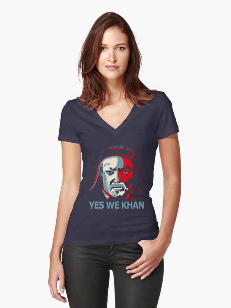 Download "Yes We Khan" Women's Fitted V-Neck T-Shirt by jelewis8 ...