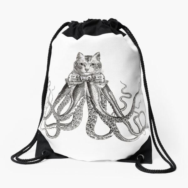 Octopussy | Half Cat Half Octopus | Hybrid Animals | Vintage Style | Black and White | Drawstring Bag