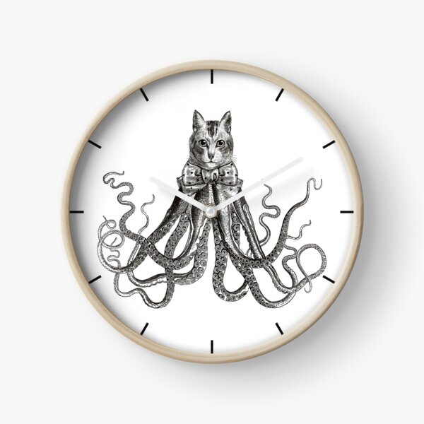 Octopussy | Half Cat Half Octopus | Hybrid Animals | Vintage Style | Black and White | Clock