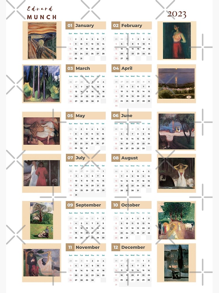 "Munch calendar 2023 , One Page Wall Calendar 2023 , Calendar printable