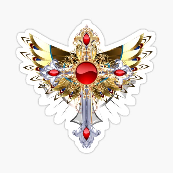 Gothic Gold Winged Ornate Silver Cross Sticker