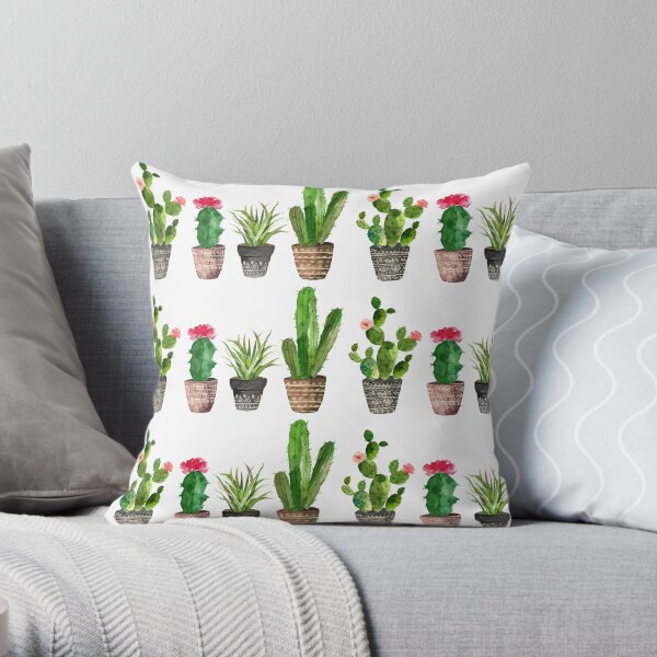 Watercolour Potted Succulents Pattern Throw Pillow